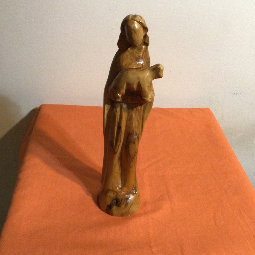 Hand carved Olive Wood Statue Jesus Holding Lamb, Holy Land. Stands 9” Tall.